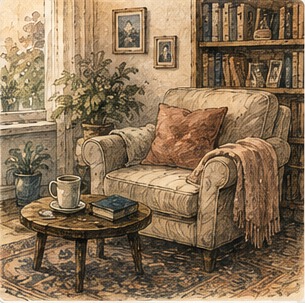 Illustration dessinée du dossier À la maison : fauteuil, livres et tasse dans un intérieur familier.