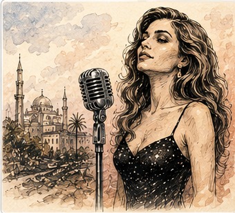Illustration dessinée du dossier Dalida : chanteuse devant un microphone, dans une atmosphère de souvenir.