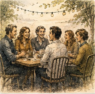 Illustration dessinée du dossier Des gens bien : groupe réuni autour d’une table dans une ambiance chaleureuse.