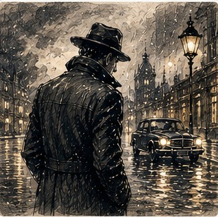 Illustration dessinée du dossier Escroc : silhouette dans une rue de nuit sous la pluie.