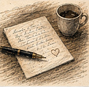 Illustration dessinée du dossier Ma faute : lettre manuscrite, stylo et tasse sur une table.
