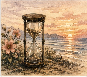 Illustration dessinée du dossier Que ça dure : sablier au bord de la mer au coucher du soleil.